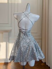 Lovely Sliver-Grey Short Sequins Straps Homecoming Dress, Sequins Short Prom Dress