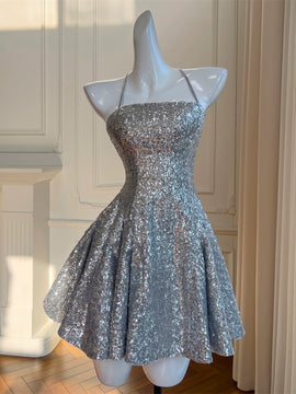 Lovely Sliver-Grey Short Sequins Straps Homecoming Dress, Sequins Short Prom Dress