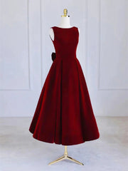 Wine Red Velvet Tea Length Wedding Party Dress, Wine Red Velvet Prom Dress