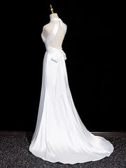 White Satin Halter Mermaid Long Party Dress with Leg Slit, White Satin Long Prom Dress