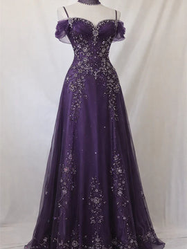 A-line Purple Tulle Beaded Straps Long Formal Dress, Gothic Purple Prom Dress Party Dress