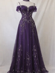 A-line Purple Tulle Beaded Straps Long Formal Dress, Gothic Purple Prom Dress Party Dress