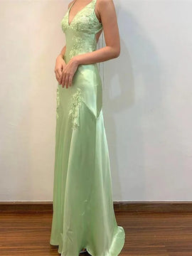 Lovely Spaghetti Straps Green Backless Long Prom Dress, Green Satin Evening Dress