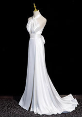 White Satin Halter Mermaid Long Party Dress with Leg Slit, White Satin Long Prom Dress