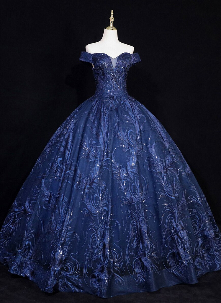 Navy Blue Ball Gown Lace Off Shoulder Quinceanera Dress, Navy Blue Tul