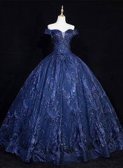 Navy Blue Ball Gown Lace Off Shoulder Quinceanera Dress, Navy Blue Tulle Formal Dress Prom Dress