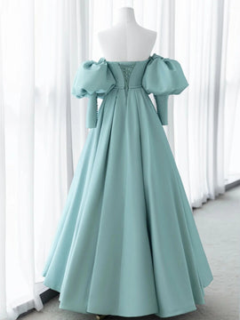 Blue Satin A-line Sweetheart Strapless Party Dress, Blue Satin Long Prom Dress