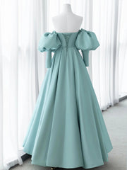 Blue Satin A-line Sweetheart Strapless Party Dress, Blue Satin Long Prom Dress