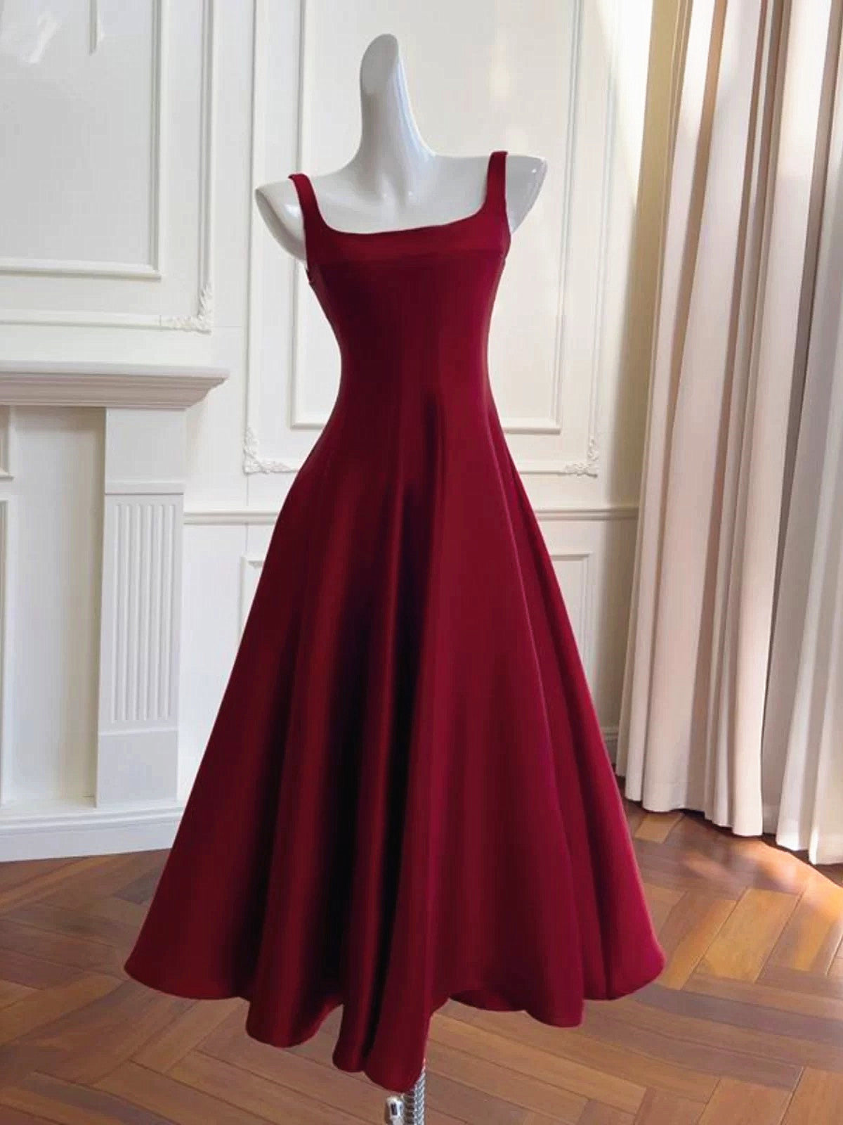 Wine Red Tea Length Straps Short Party Dress, Wine Red Scoop Homecoming Dress