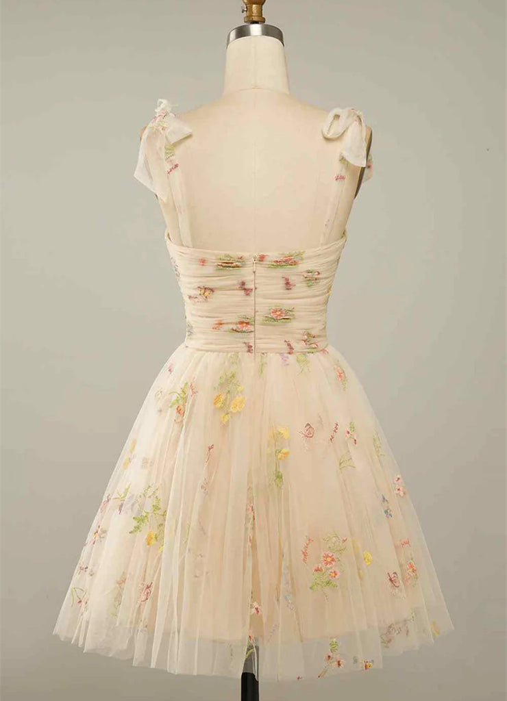 Lovely Champagne Tulle Cute Teen Homecoming Dress with Bow, Straps Tulle Formal Dresses      fg3745