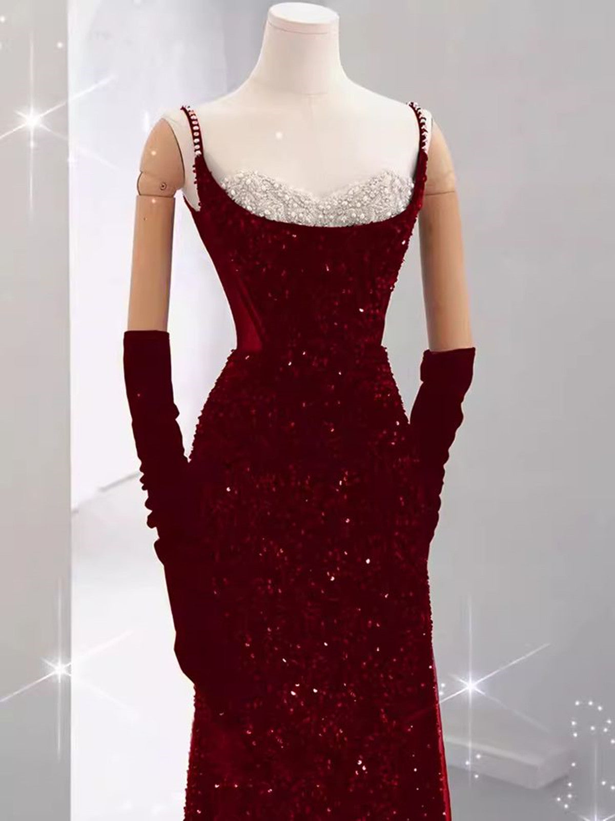 Wine Red Sequins Mermaid Straps Long Formal Dress, Wine Red Beaded Prom Dress