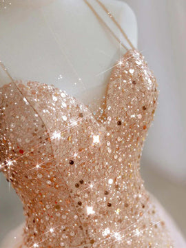 Champagne Tulle and Sequins Straps Party Dress, A-line Sequins Short Homecoming Dress