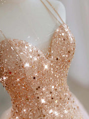 Champagne Tulle and Sequins Straps Party Dress, A-line Sequins Short Homecoming Dress