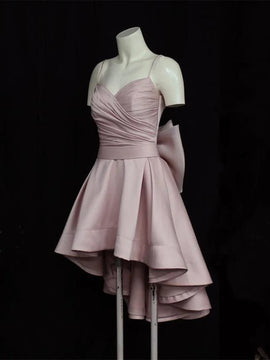 Pink Satin High Low Strapless Party Dress Homecoming Dress, Pink Party Dress with Bow
