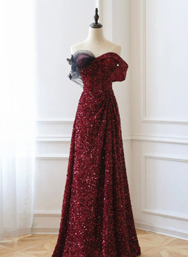 Wine Red Sequins Off Shoulder Long Party Dress, A-line Sequins Prom Dress