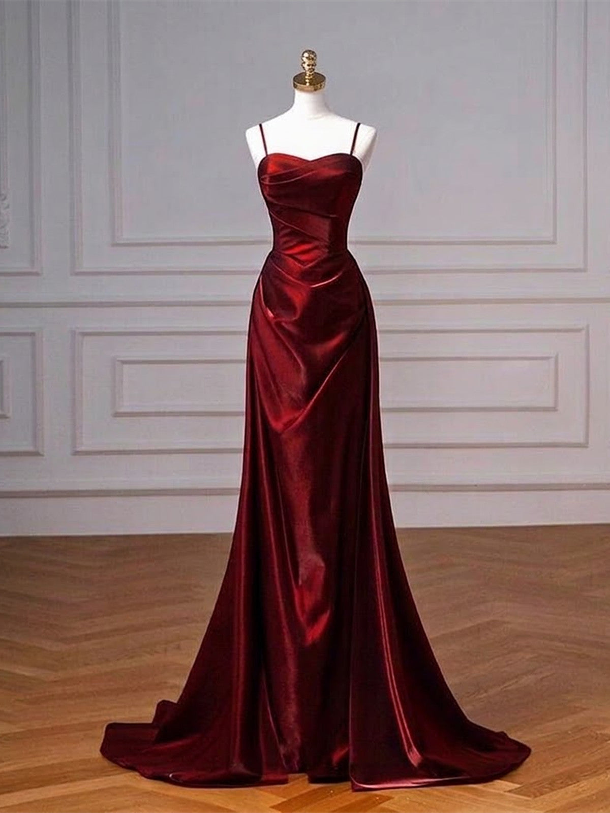 Wine Red Straps Sweetheart Satin Long Formal Dress, Wine Red Prom Dress Evening Dress