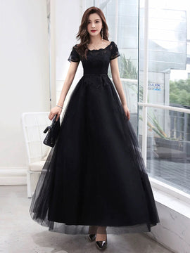 Black A-line Tulle with Lace Applique Party Dress, Black Short Sleeves Long Prom Dress