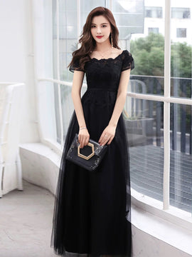 Black A-line Tulle with Lace Applique Party Dress, Black Short Sleeves Long Prom Dress