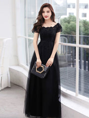 Black A-line Tulle with Lace Applique Party Dress, Black Short Sleeves Long Prom Dress