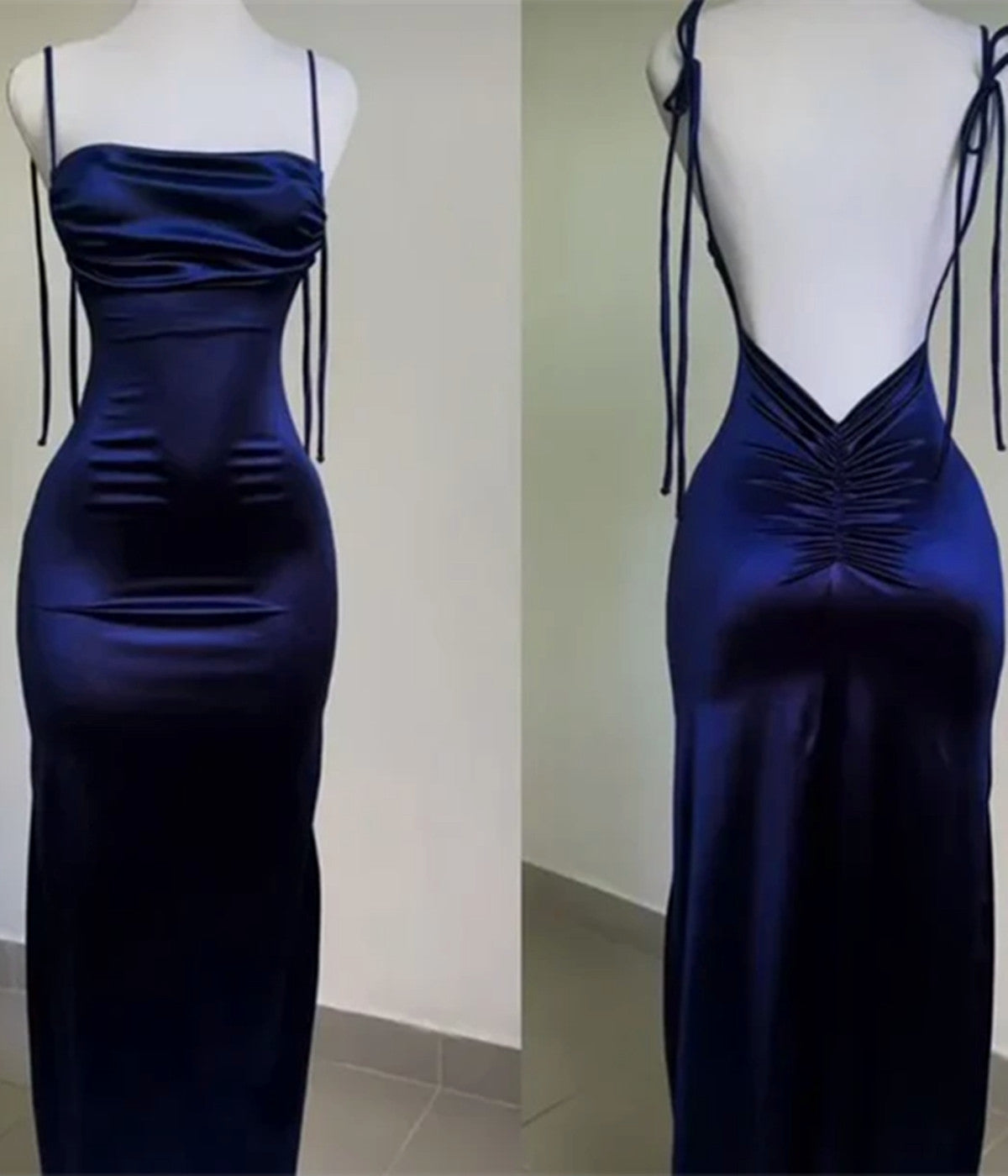 Sheath Navy Blue Satin Prom Dress Spaghetti Straps Backless Party Dress, Navy Blue Prom Dress