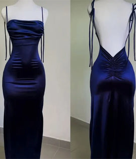 Sheath Navy Blue Satin Prom Dress Spaghetti Straps Backless Party Dress, Navy Blue Prom Dress