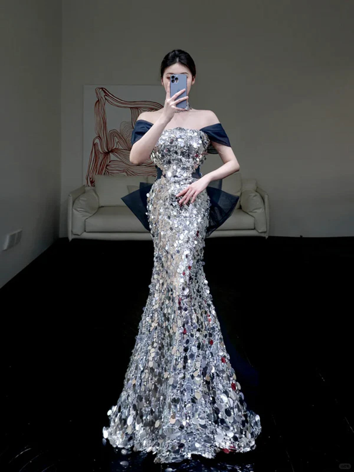Sequins Mermaid Long Party Dress with Bow, Off Shoulder Sequins Prom Dress