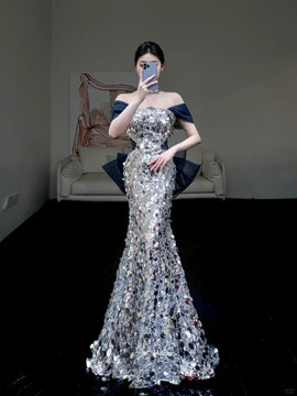 Sequins Mermaid Long Party Dress with Bow, Off Shoulder Sequins Prom Dress