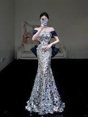 Sequins Mermaid Long Party Dress with Bow, Off Shoulder Sequins Prom Dress