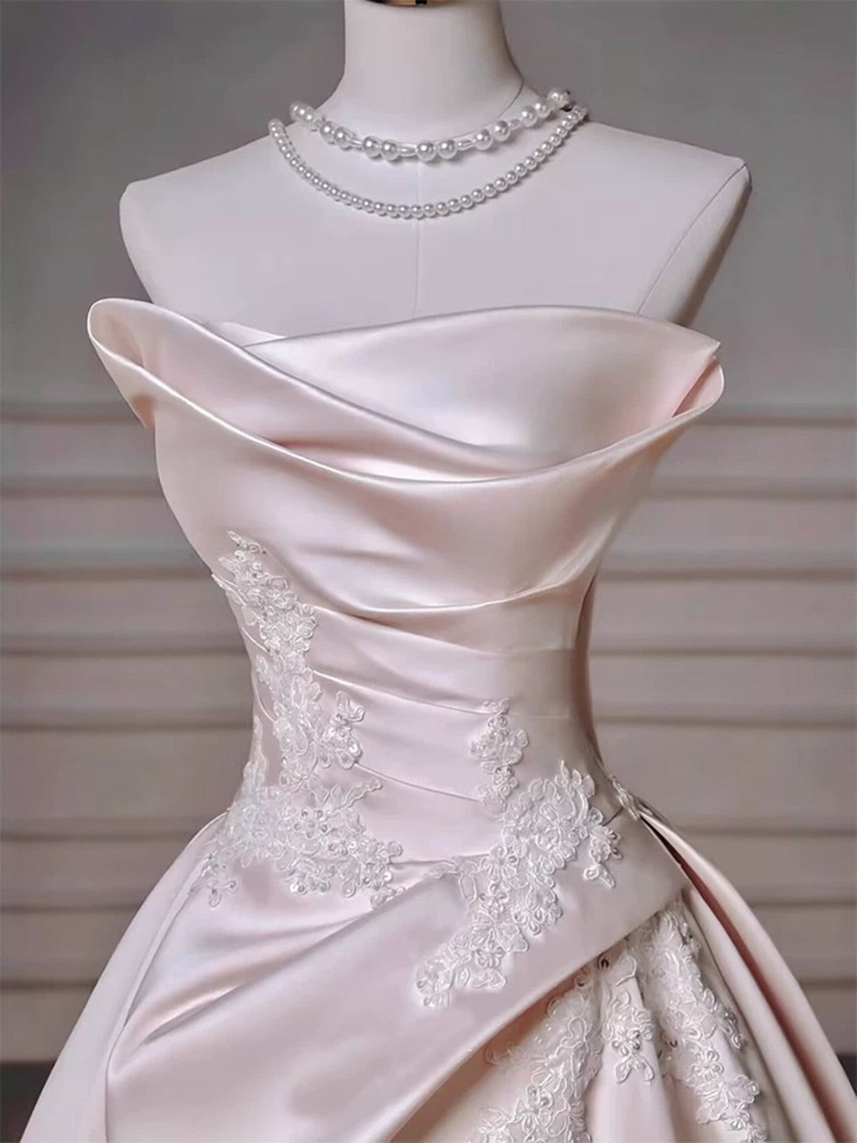 Light Pink Satin A-line Floor Length Party Dress, Light Pink Satin with Lace Prom Dress