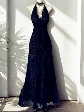 Navy Blue V-neckline Lace Party Dress Prom Dress, Navy Blue A-line Evening Dress