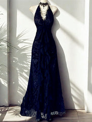 Navy Blue V-neckline Lace Party Dress Prom Dress, Navy Blue A-line Evening Dress