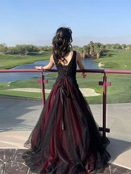 Black and Red V-neckline Beaded Long Evening Dress, Black and Red Tulle Prom Dress