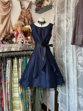 Navy Blue Satin Round Neckline Short Party Dress, Navy Blue Homecoming Dress