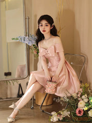 Pink Satin Sweetheart Straps with Bow Homecoming Dress, Pink Knee Length Satin Prom Dress