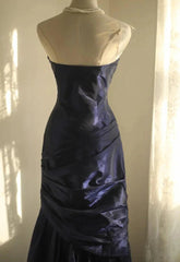 Navy Blue Scoop Taffeta Strapless Party Dress, Navy Blue Long Prom Dress Evening Dress