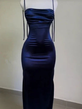 Sheath Navy Blue Satin Prom Dress Spaghetti Straps Backless Party Dress, Navy Blue Prom Dress