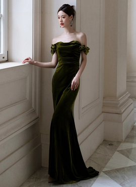 Dark Green Mermaid Velvet Off Shoulder Party Dress, Dark Green Prom Dress