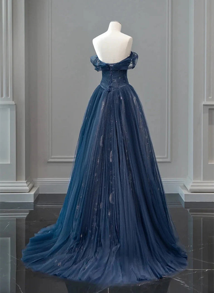 A-line Navy Blue Tulle Sweetheart Prom Dress, Navy Blue Long Evening D