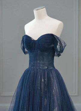 A-line Navy Blue Tulle Sweetheart Prom Dress, Navy Blue Long Evening Dress