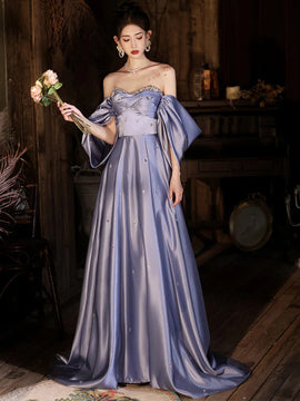Purple Sweethart Beaded Off Shoulder Party Dress, Purple Satin Long Formal Gown