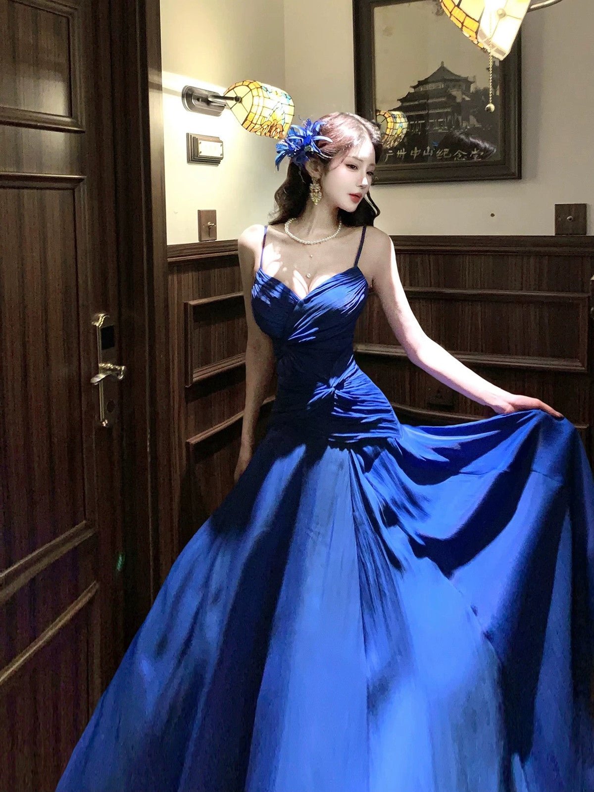 Blue Chiffon A-line V-neckline Straps Evening Dress, Blue Chiffon Long Cutedressy Blue Chiffon A-line V-neckline Straps Evening Dress, Blue Chiffon Long Cutedressy
