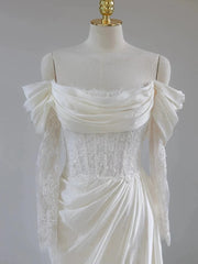 Ivory Satin and Lace Off Shoulder Long Sleeves Wedding Party Dress, Ivory Satin Formal Dress