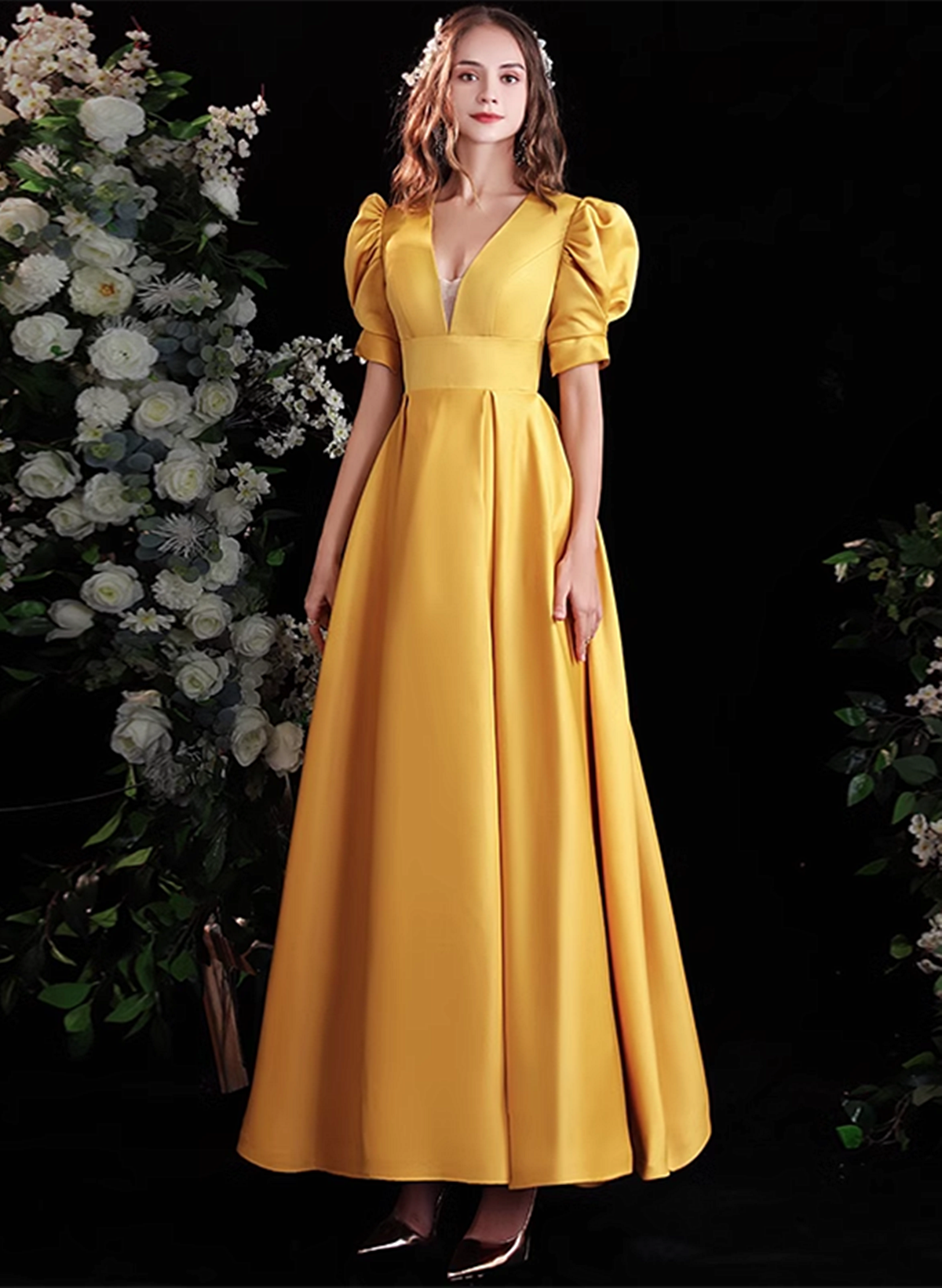 Yellow Satin A-line Long Prom Dress with Sleeves, Yellow Floor Length Cutedressy Yellow Satin A-line Long Prom Dress with Sleeves, Yellow Floor Length Cutedressy