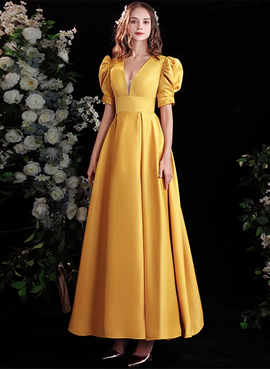 Yellow Satin A-line Long Prom Dress with Sleeves, Yellow Floor Length Evening Dress Party Dress