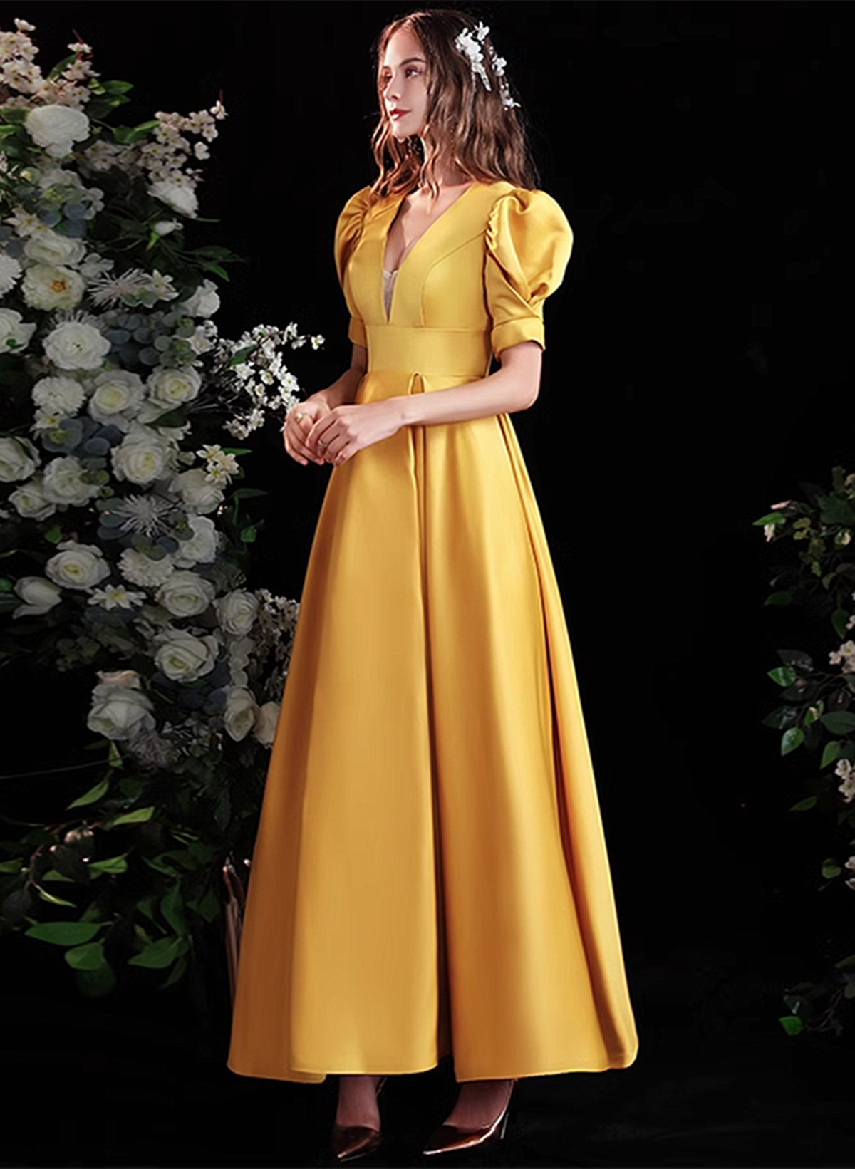 Yellow Satin A-line Long Prom Dress with Sleeves, Yellow Floor Length Evening Dress Party Dress