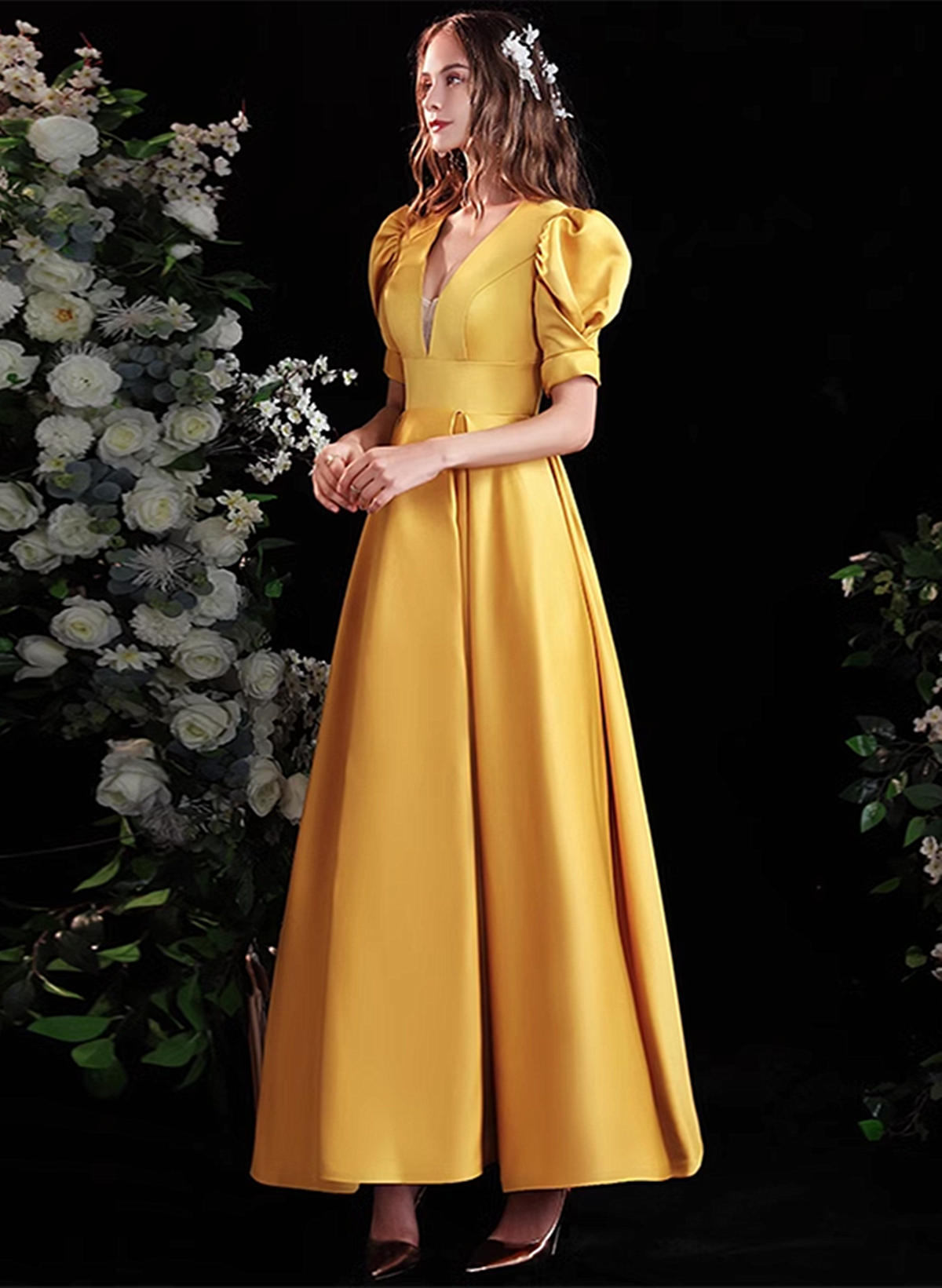 Yellow Satin A-line Long Prom Dress with Sleeves, Yellow Floor Length Cutedressy Yellow Satin A-line Long Prom Dress with Sleeves, Yellow Floor Length Cutedressy