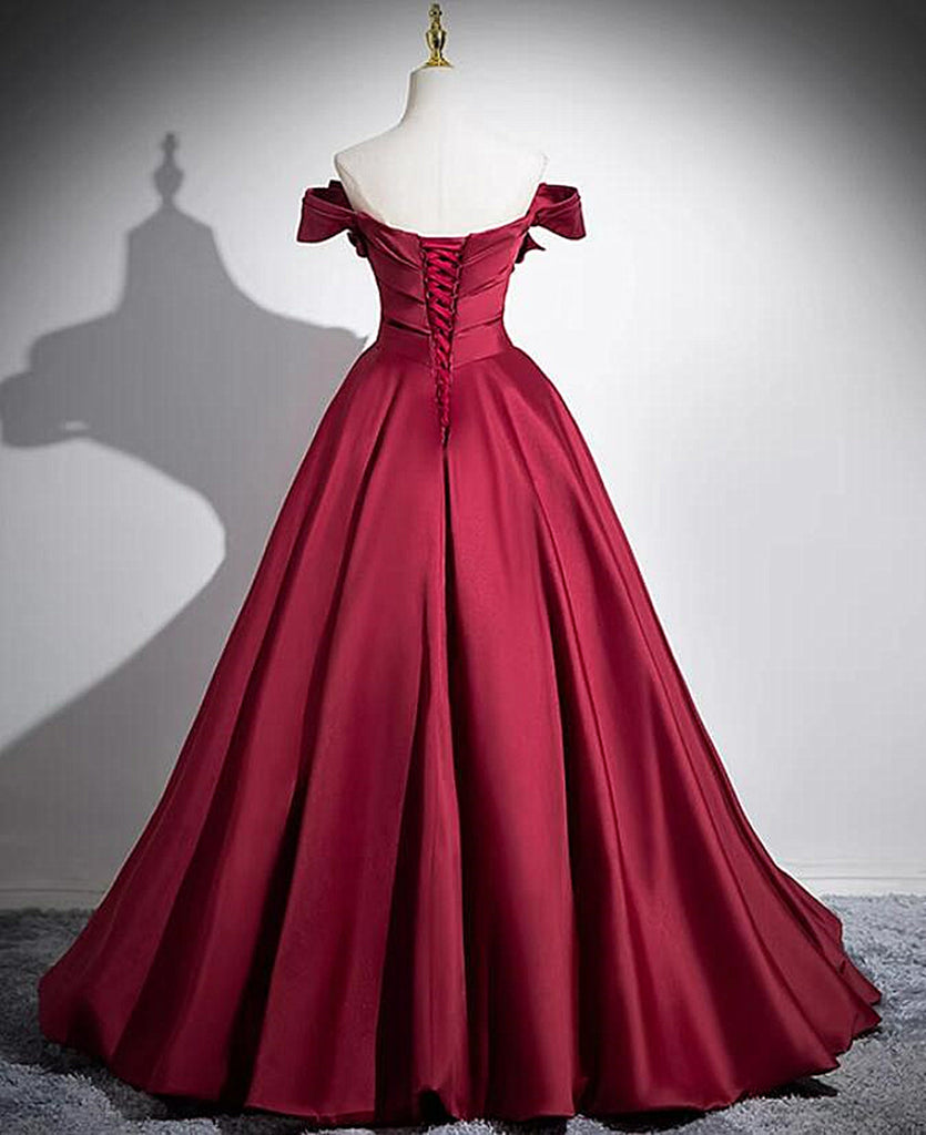 Wine Red Satin Off Shoulder Floor Length Party Dress, Wine Red Evening