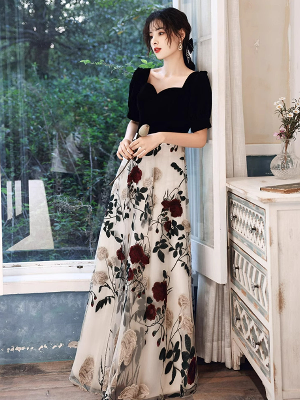 Black A-line Velvet and Floral Tulle Prom Dress, Black Long Party Dress Evening Dress