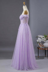 A-line Light Purple Lace Applique Long Prom Dress, Sweetheart Light Purple Evening Dress