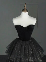 Black Sweetheart Tulle and Velvet Layers Prom Dress, Black Floor Length Party Dress